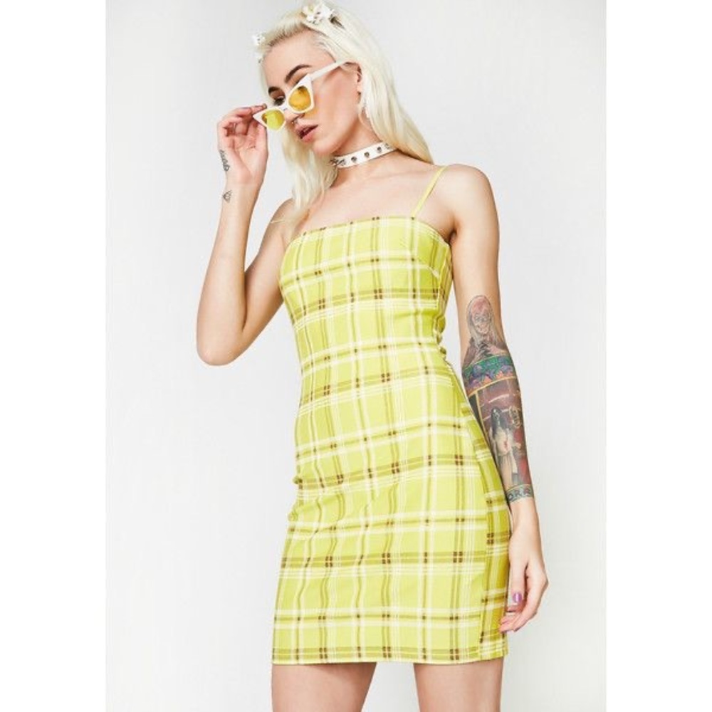 i am gia neon yellow green plaid bodycon fitted dress